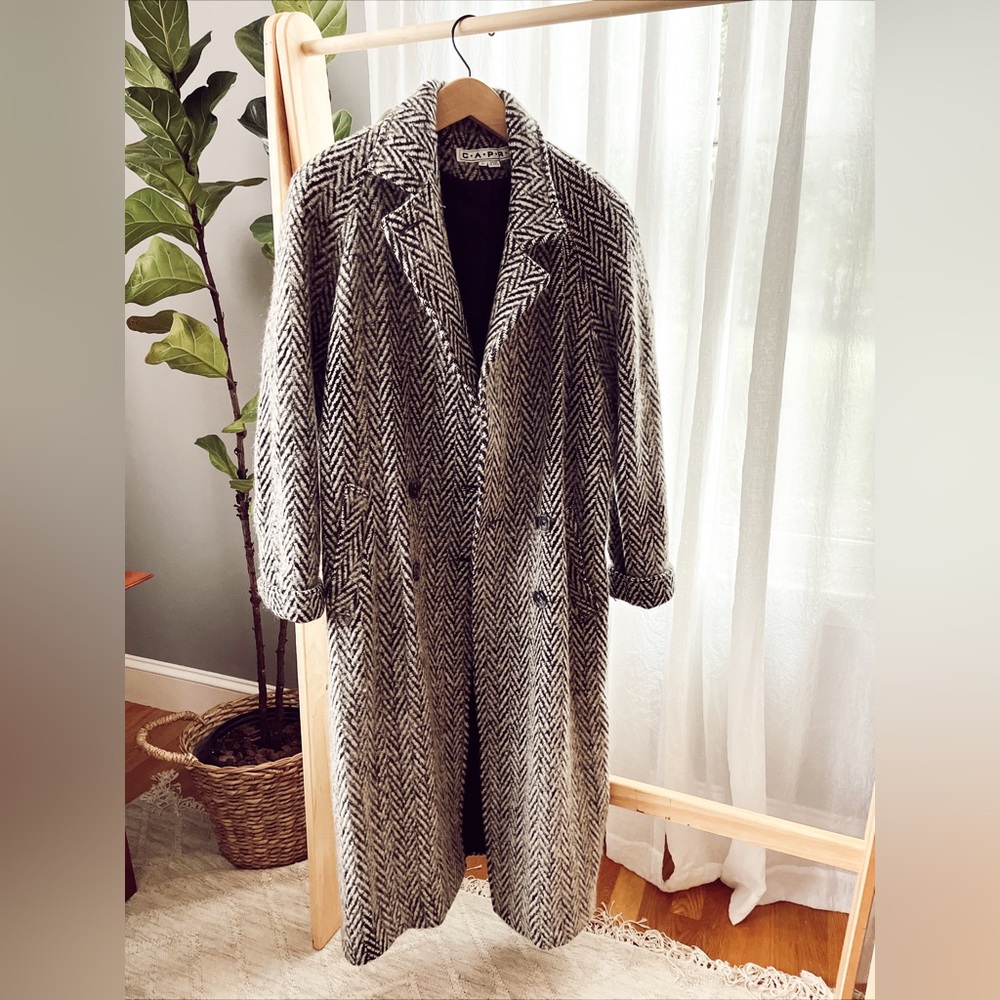 Vintage Made In USA Wool Herringbone Trench Quiet Luxury Minimal Chic 80s 90s M